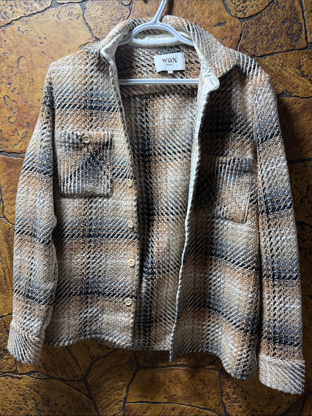 WaxLondon Plaid Button-Front Shacket in Beige and Black P2P 20” Length 27.5”